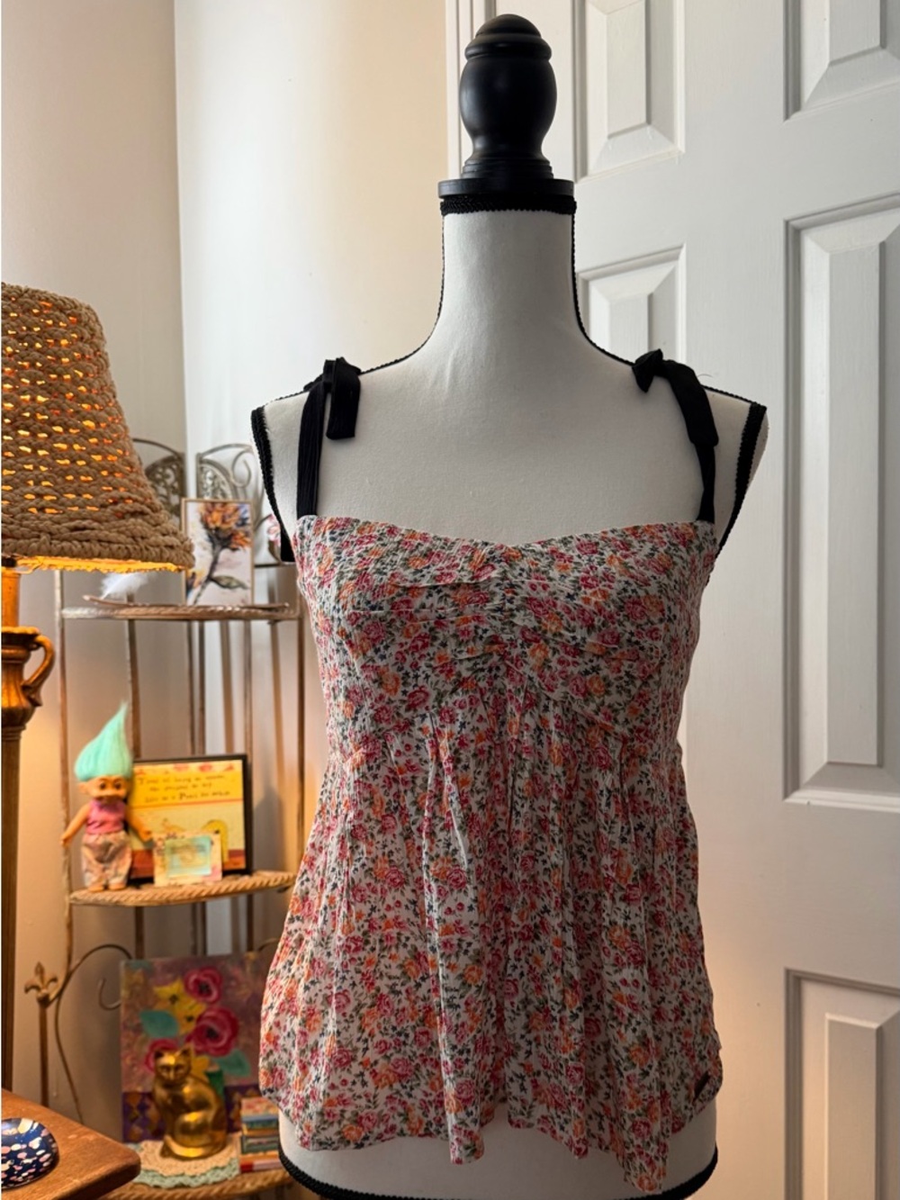 Volcom Floral Smocked Top in White with Pink & Orange Blooms